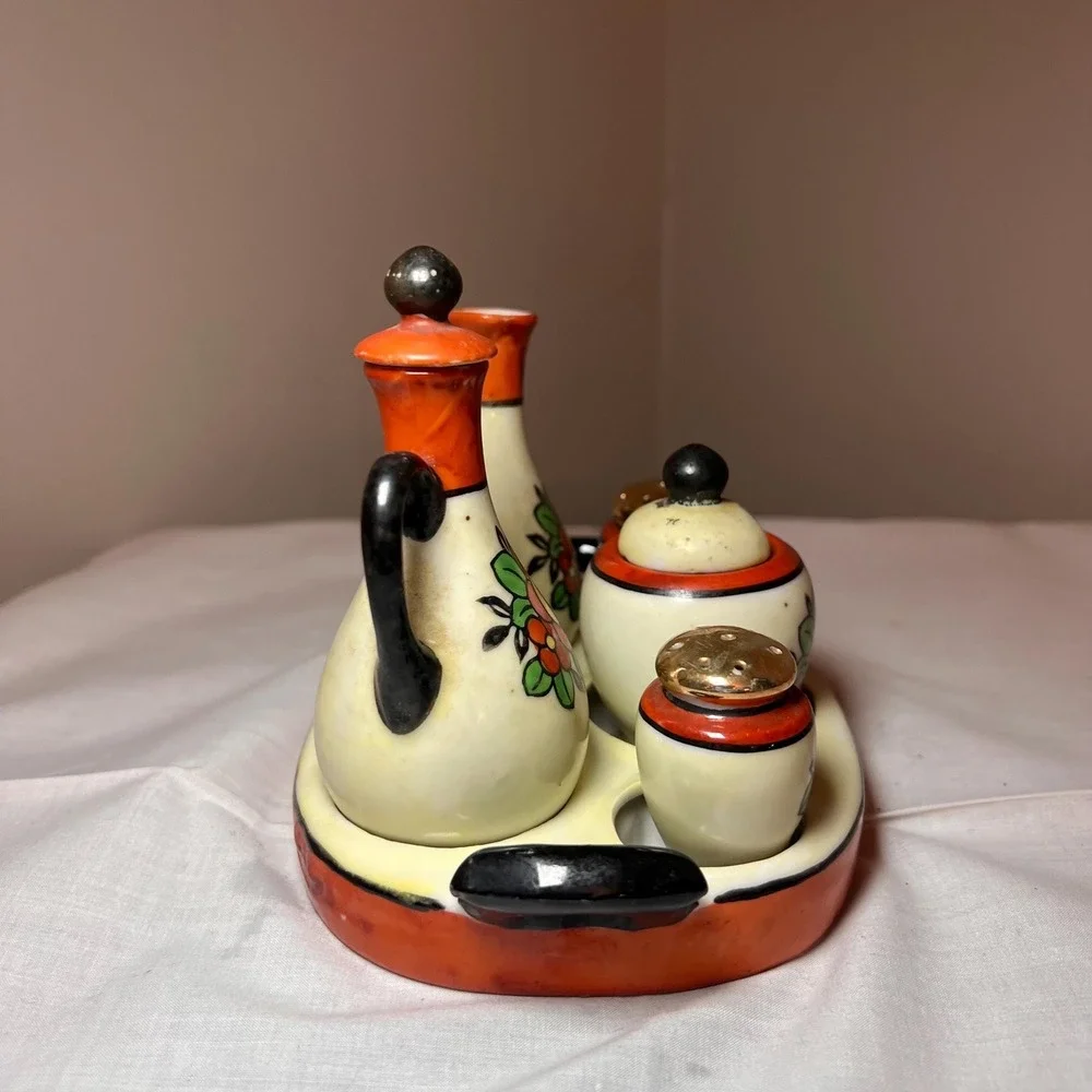 VTG Hand Painted Japanese Condiment Set w/ Caddy Oil Vinegar Salt Pepper mustard